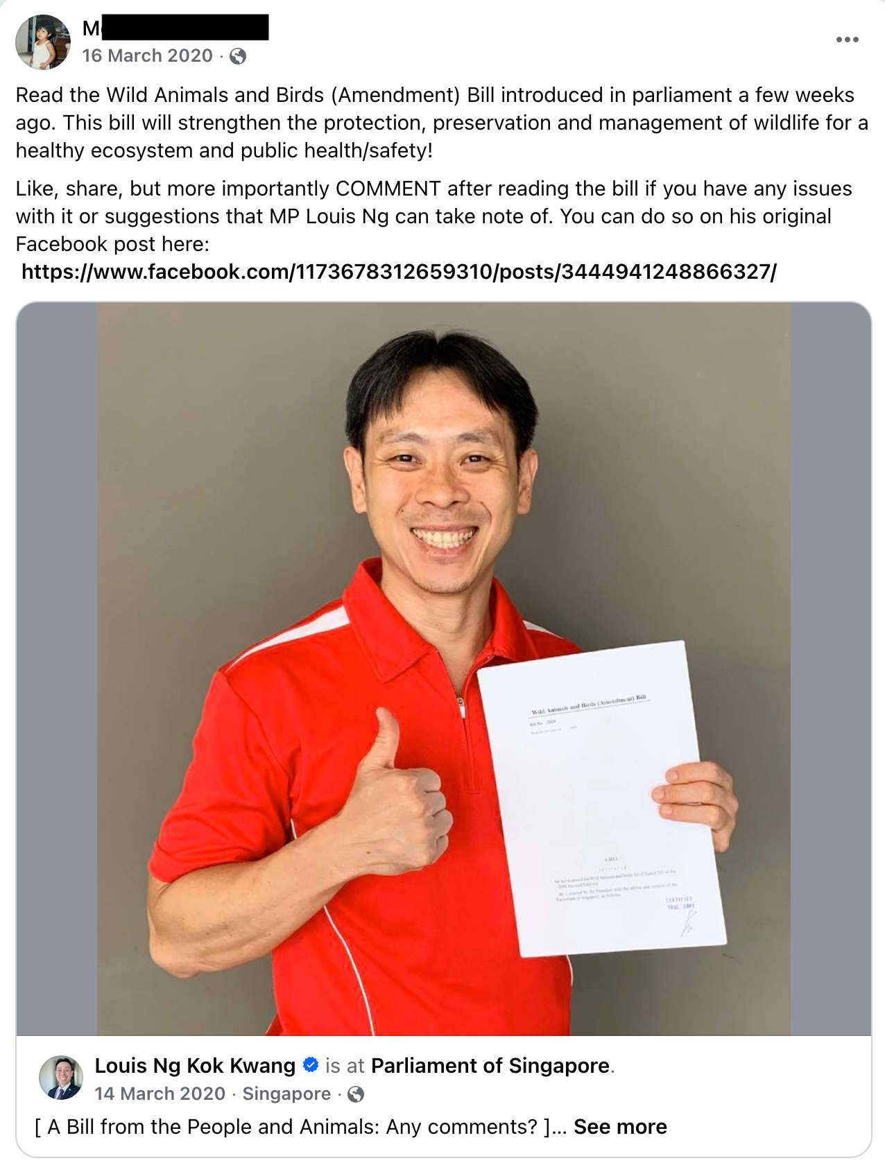 screenshot of post in Climate Media Hub calling for members to boost MP Ng's proposed Wild Animals and Birds (Amendment) Bill